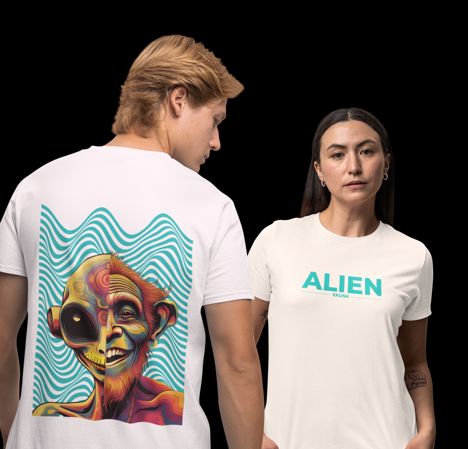 Two people wearing EKUSK's white 'ALIEN' t-shirts.