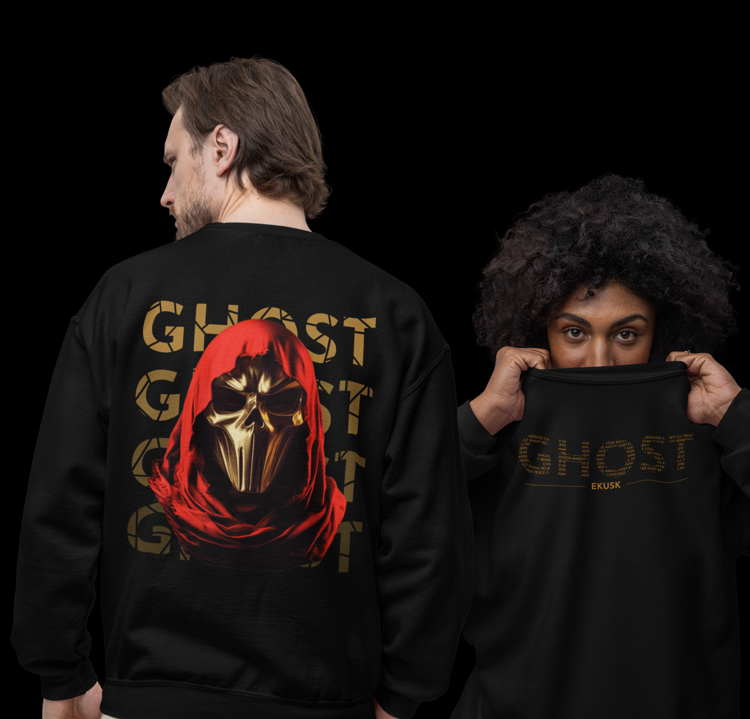 Two people wearing black EKUSK's 'GHOST' sweatshirts, one showing the front design and the other holding the back.