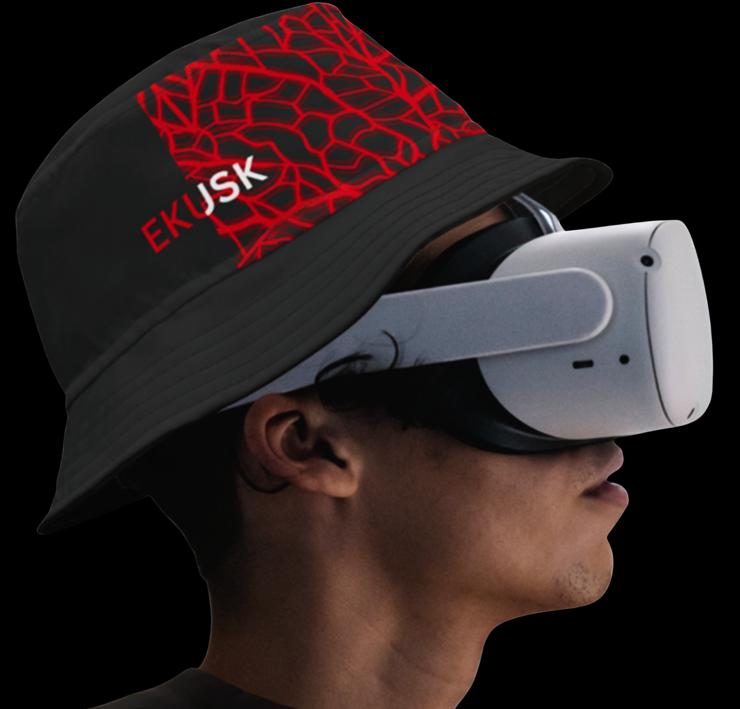 Person wearing a black EKUSK cap with red patterns, using a white VR headset on a black background.